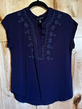 Cable & Gauge Embroidered Knit Top Blouse Navy Blue S Small
